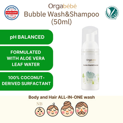Orgabebe Bubble Wash and Shampoo 50ml (trial / travel size) for baby and kids